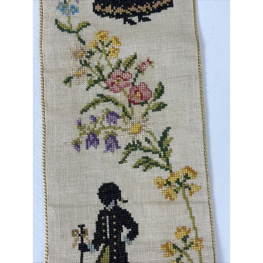 VTG Bell Pull Cross-Stitch Needlepoint Fabric Victorian Colonial Floral Couples